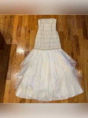 Aidan Mattox Ivory Strapless Lace Sequin Bodice Tulle Trumpet Gown Dress Size 2